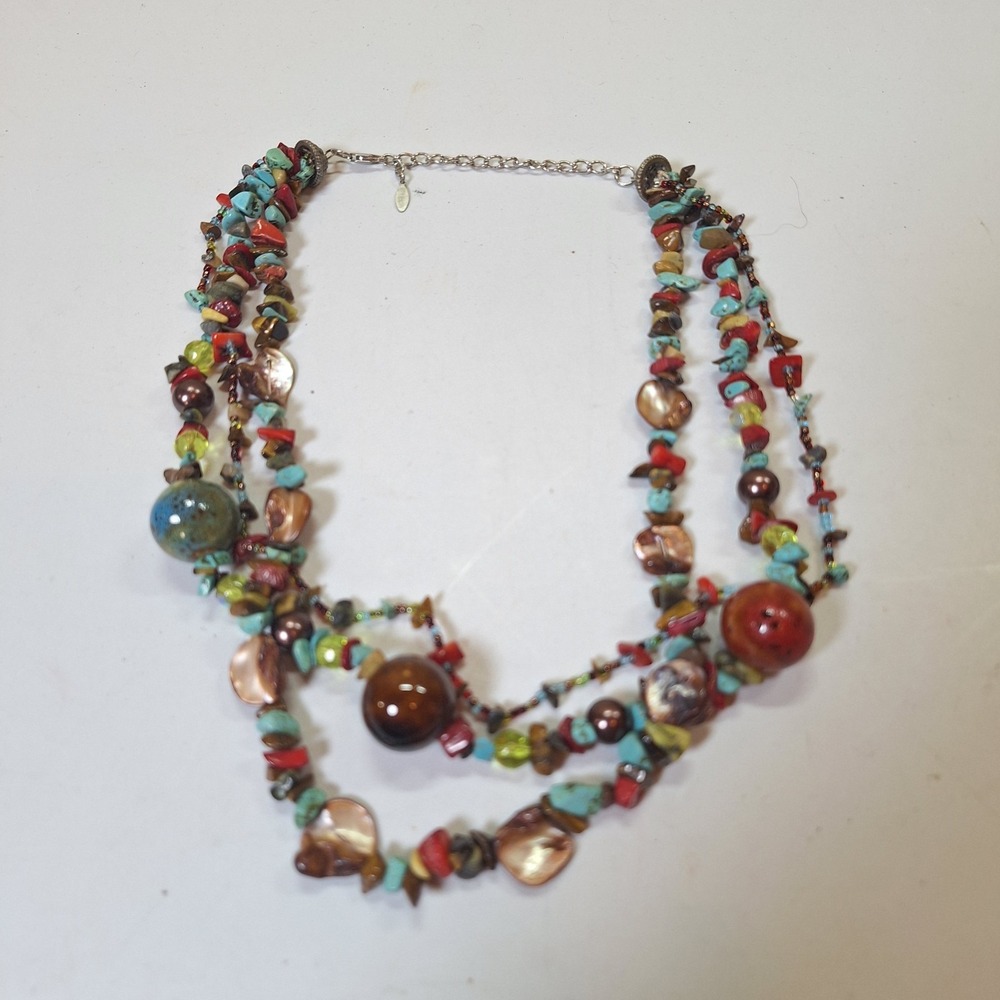 Vintage Multi Strand Turquoise Coral Shell Beaded Boho Statement Necklace